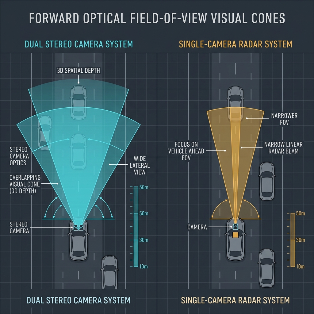 Diagram comparing visual cones and fields of view between dual stereo camera and single-camera radar vehicle systems. (Representative image for illustration purposes only. Actual vehicle may vary based on trim and configuration.)