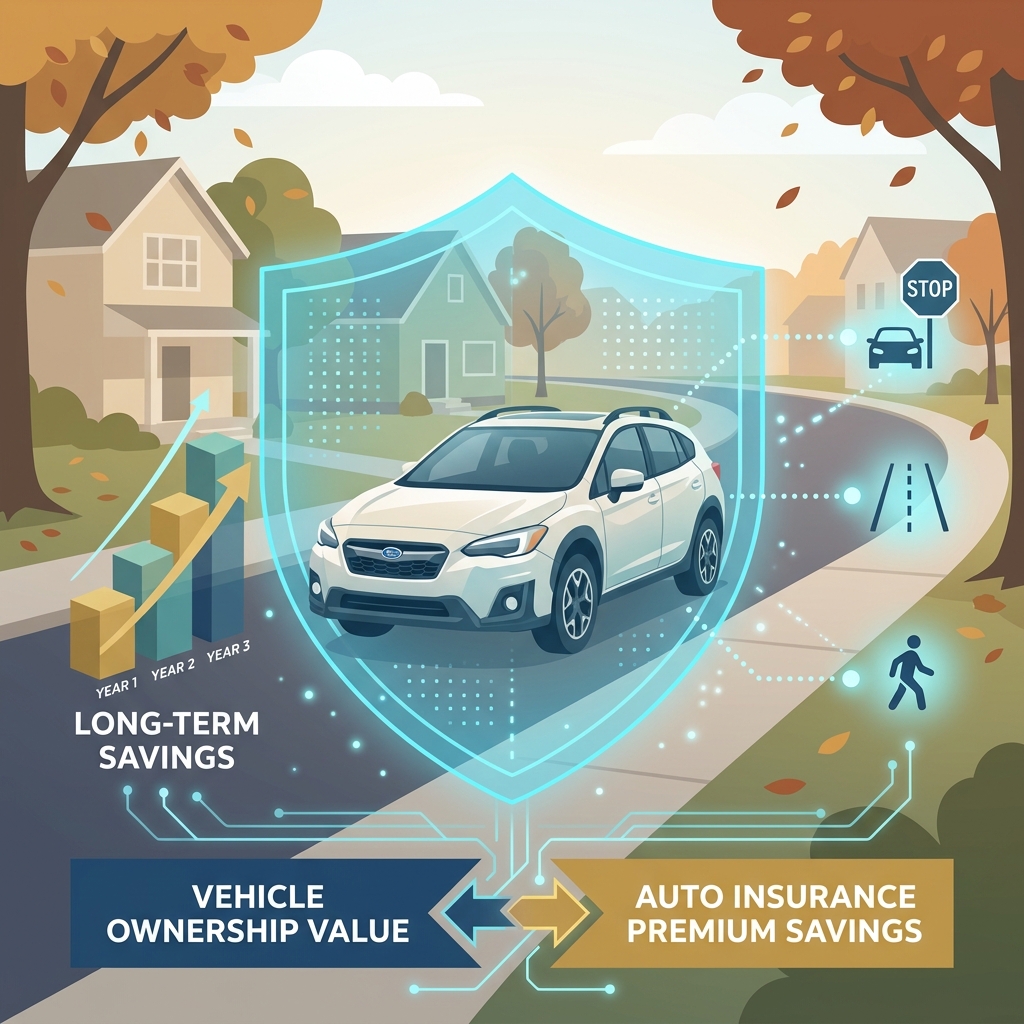 Illustration of a white SUV protected by a glowing shield, demonstrating safety features and long-term insurance savings. (Representative image for illustration purposes only. Actual vehicle may vary based on trim and configuration.)