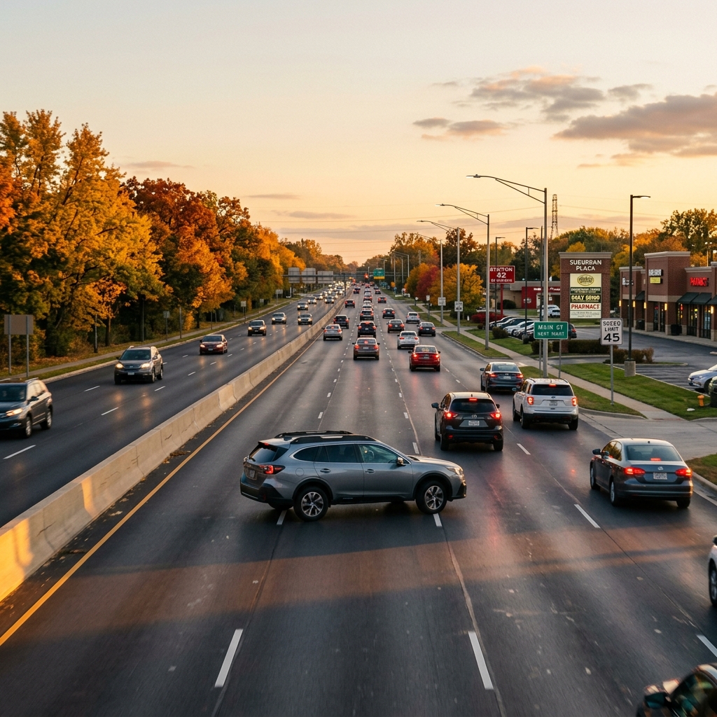 Evening traffic on a multi-lane highway with autumn trees and a silver SUV positioned sideways across lanes. (Representative image for illustration purposes only. Actual vehicle may vary based on trim and configuration.)