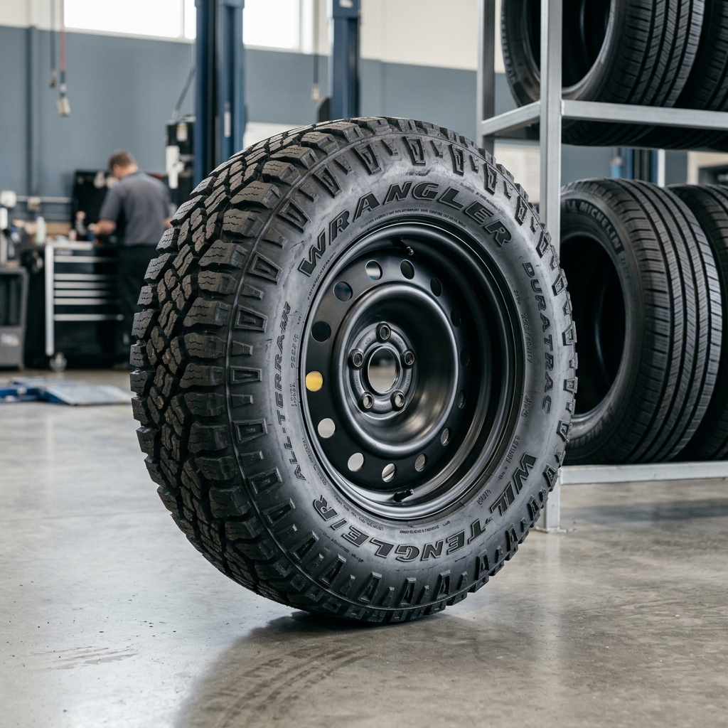 A Goodyear Wrangler DuraTrac all-terrain tire mounted on a black steel wheel inside an auto repair shop. (Representative image for illustration purposes only. Actual vehicle may vary based on trim and configuration.)