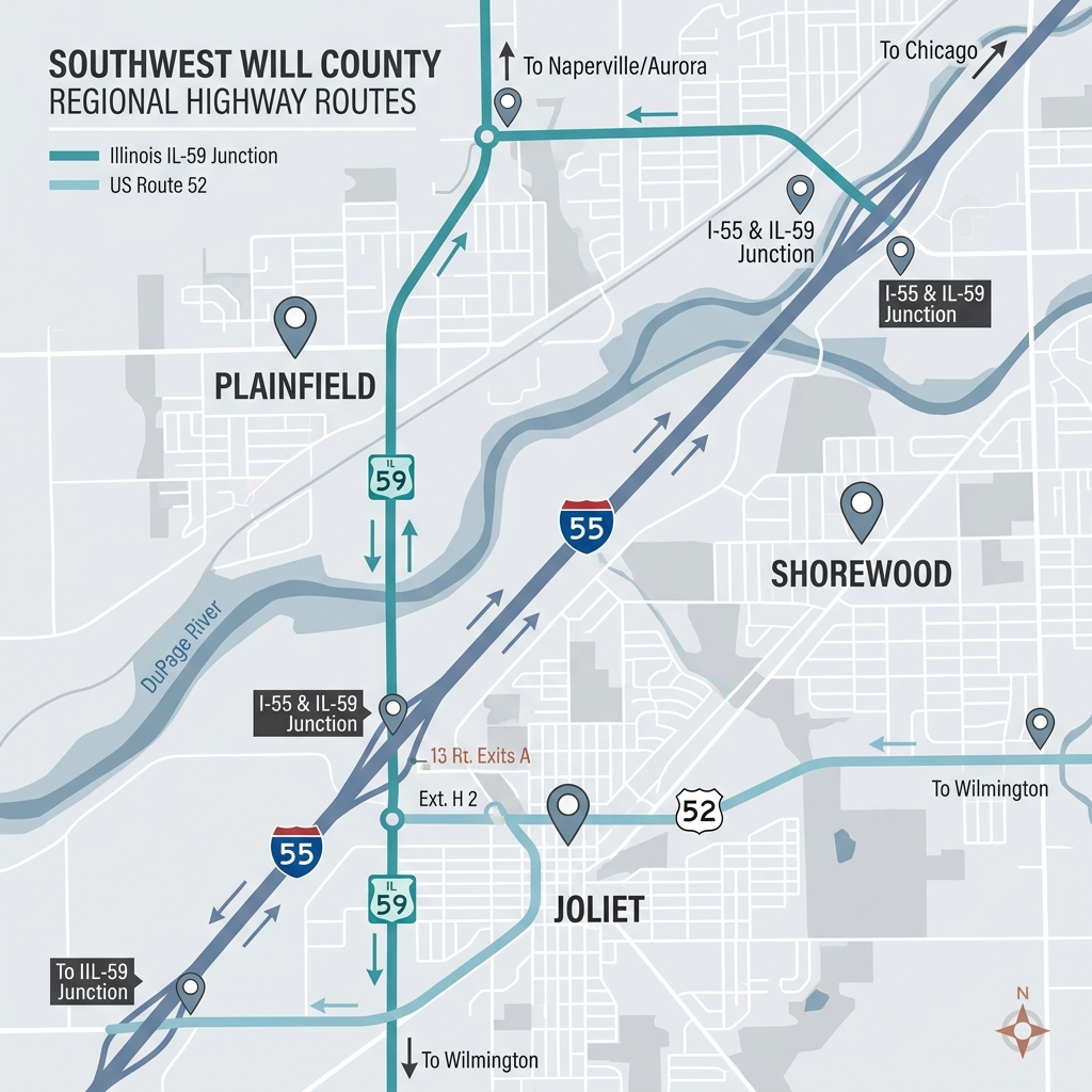Map of Southwest Will County regional highway routes including I-55, Illinois Route 59, and US Route 52. (Representative image for illustration purposes only. Actual vehicle may vary based on trim and configuration.)