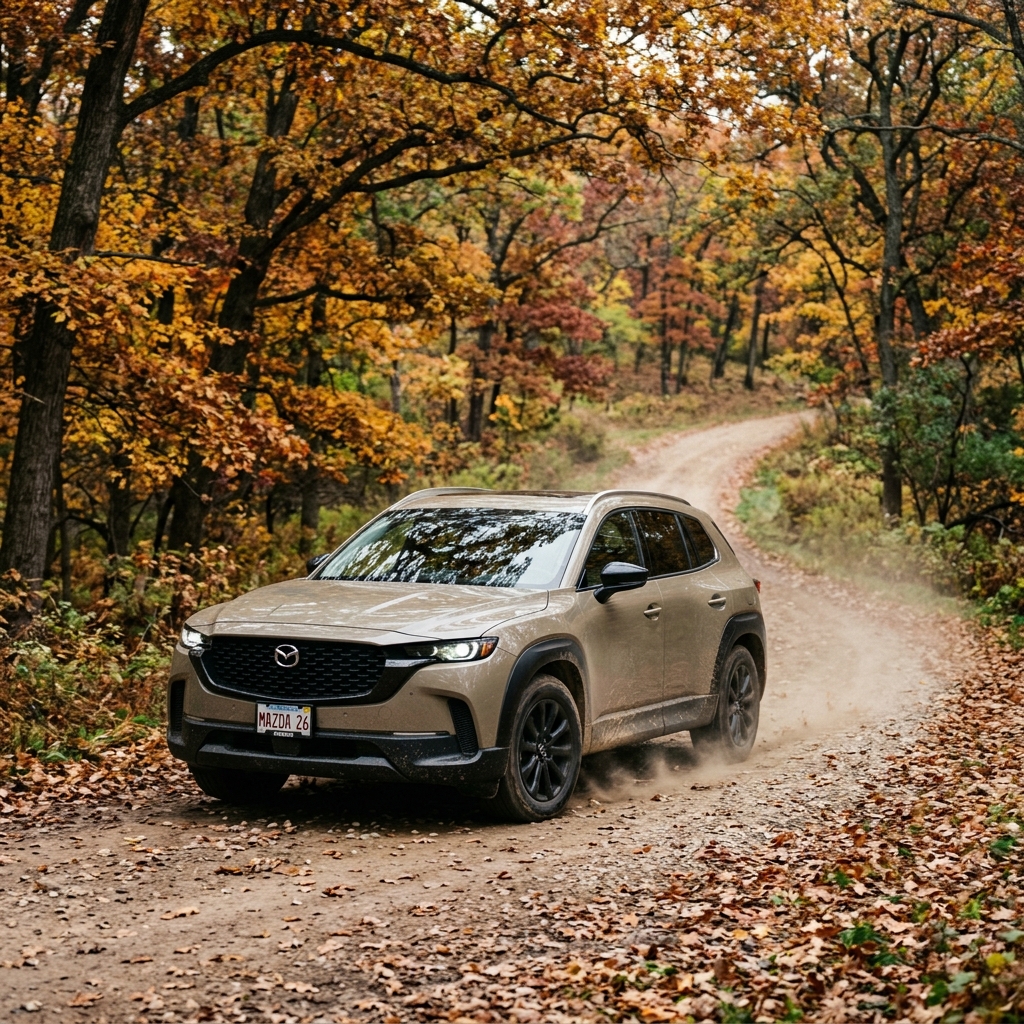 A beige Mazda CX-50 driving down a dirt forest path surrounded by vibrant autumn trees. (Representative image for illustration purposes only. Actual vehicle may vary based on trim and configuration.)