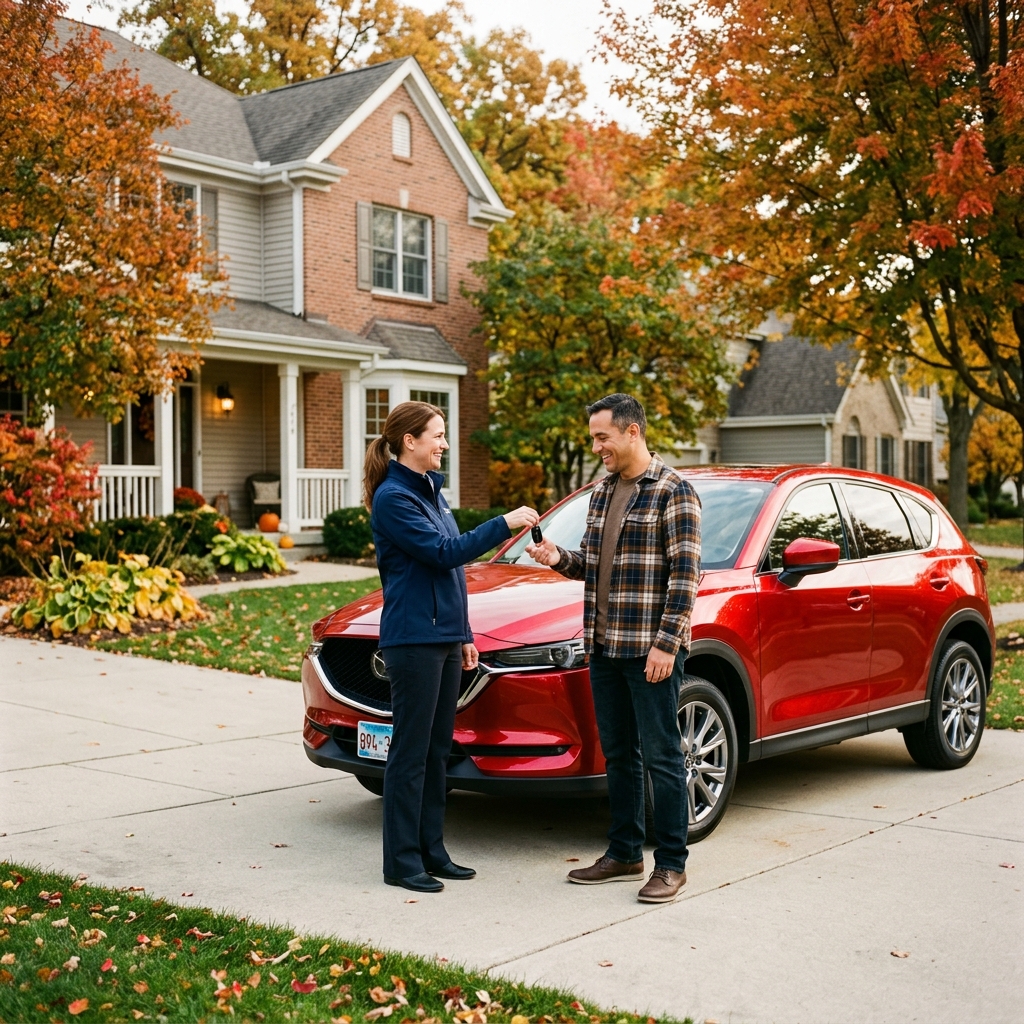 A woman handing keys to a smiling man standing next to a red SUV parked in a suburban driveway during autumn. (Representative image for illustration purposes only. Actual vehicle may vary based on trim and configuration.)