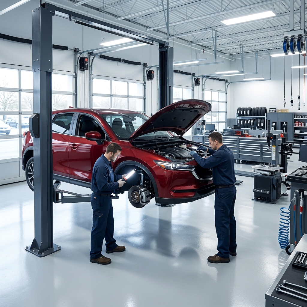 Two mechanics servicing a red SUV on a hydraulic lift inside a modern, clean auto repair shop. (Representative image for illustration purposes only. Actual vehicle may vary based on trim and configuration.)