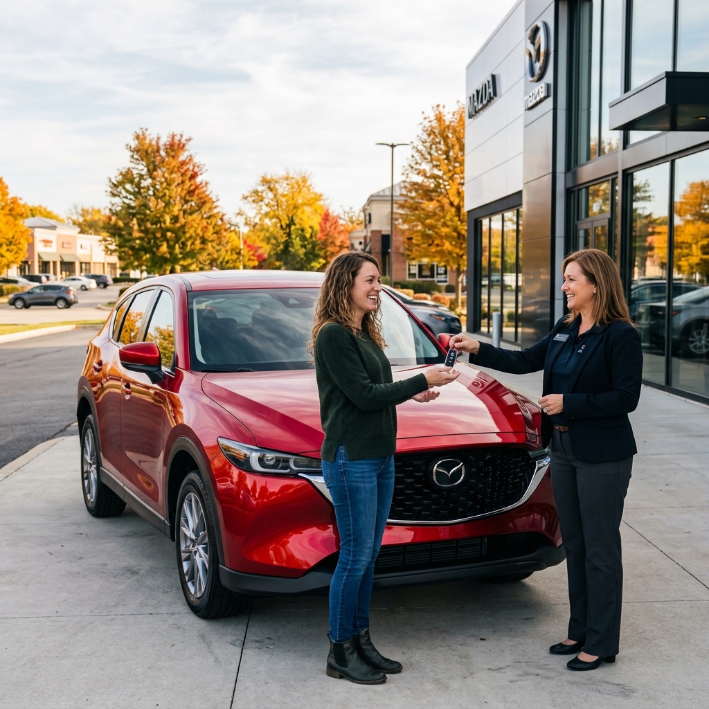 A smiling woman receives car keys from a Mazda dealership employee in front of a shiny red SUV. (Representative image for illustration purposes only. Actual vehicle may vary based on trim and configuration.)
