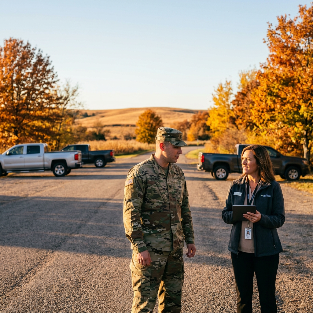 A US Army soldier in uniform speaks with a woman holding a tablet outdoors during autumn. (Representative image for illustration purposes only. Actual vehicle may vary based on trim and configuration.)