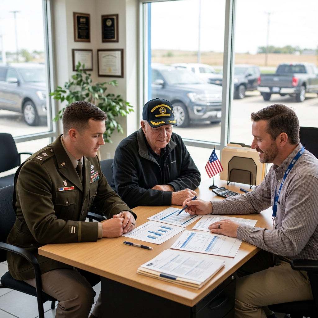 A military officer and an older veteran sit at a desk while a representative points at financial paperwork. (Representative image for illustration purposes only. Actual vehicle may vary based on trim and configuration.)