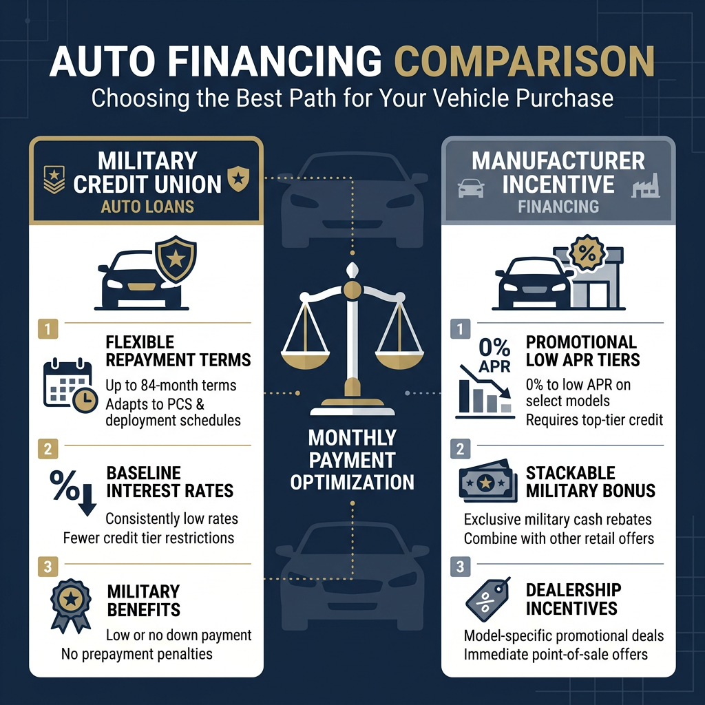 Infographic comparing features of Military Credit Union Auto Loans and Manufacturer Incentive Financing. (Representative image for illustration purposes only. Actual vehicle may vary based on trim and configuration.)
