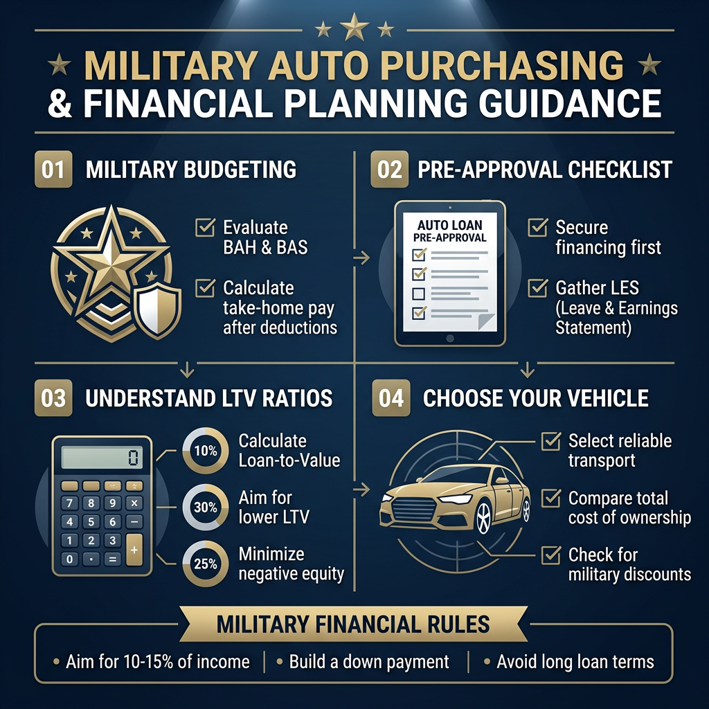 Infographic outlining four steps for military auto purchasing and financial planning guidance. (Representative image for illustration purposes only. Actual vehicle may vary based on trim and configuration.)