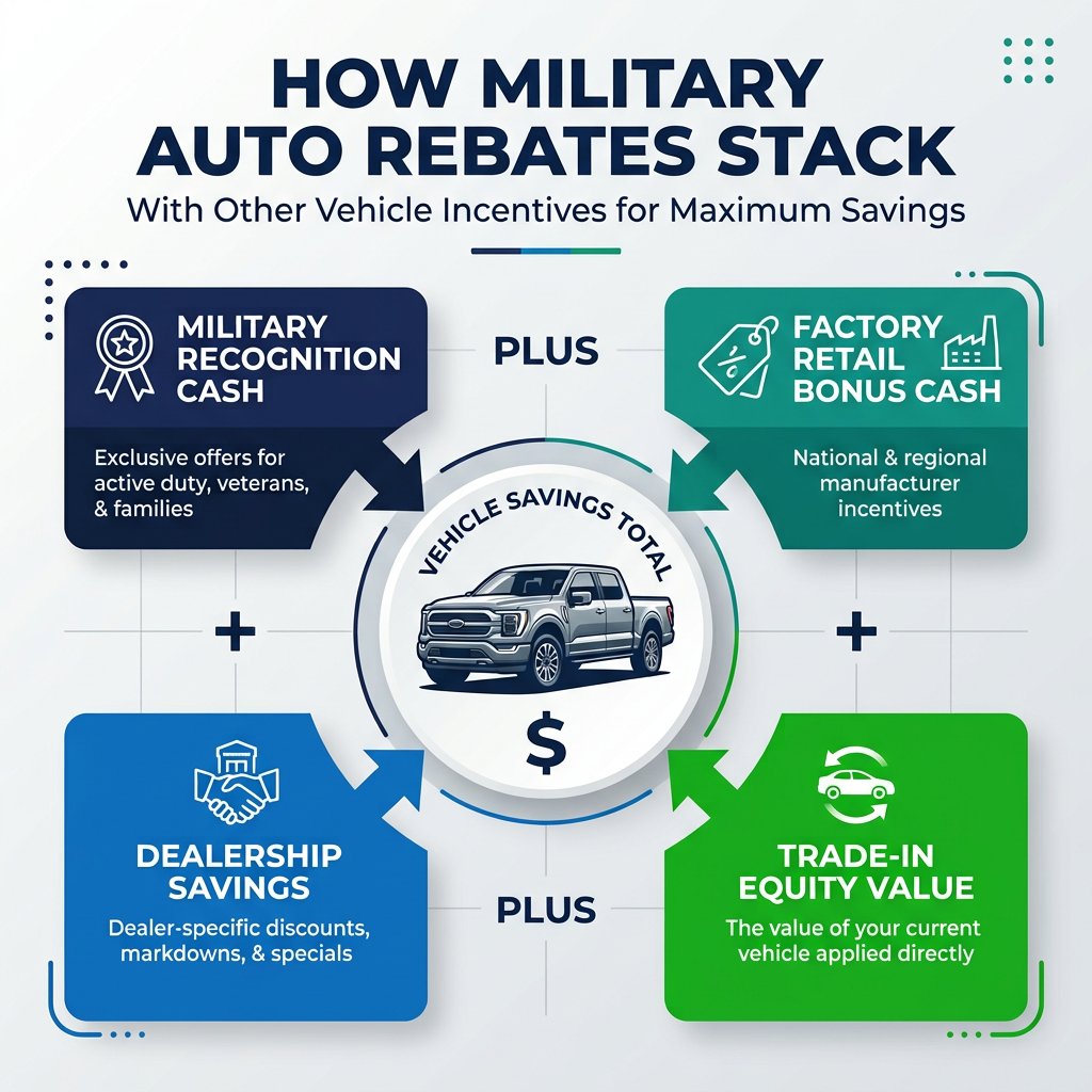 Infographic showing how military rebates stack with factory cash, dealer savings, and trade-in value for total car savings. (Representative image for illustration purposes only. Actual vehicle may vary based on trim and configuration.)