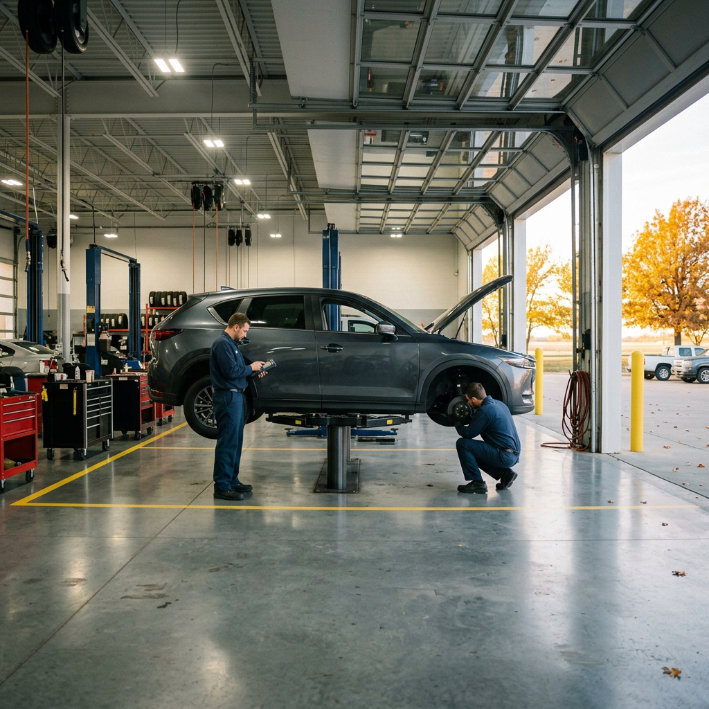 Two auto technicians inspecting a dark gray SUV elevated on a lift inside a bright garage service bay. (Representative image for illustration purposes only. Actual vehicle may vary based on trim and configuration.)