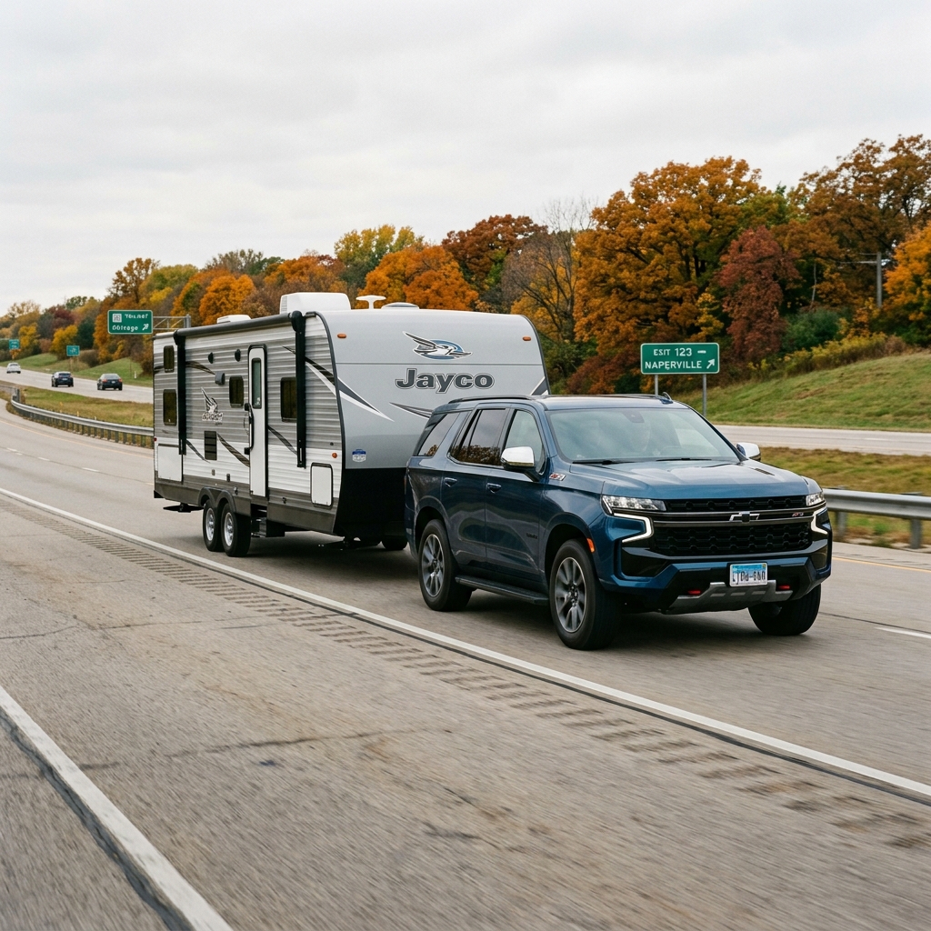 Blue Chevrolet SUV towing a Jayco travel trailer down a highway with autumn trees in the background. (Representative image for illustration purposes only. Actual vehicle may vary based on trim and configuration.)