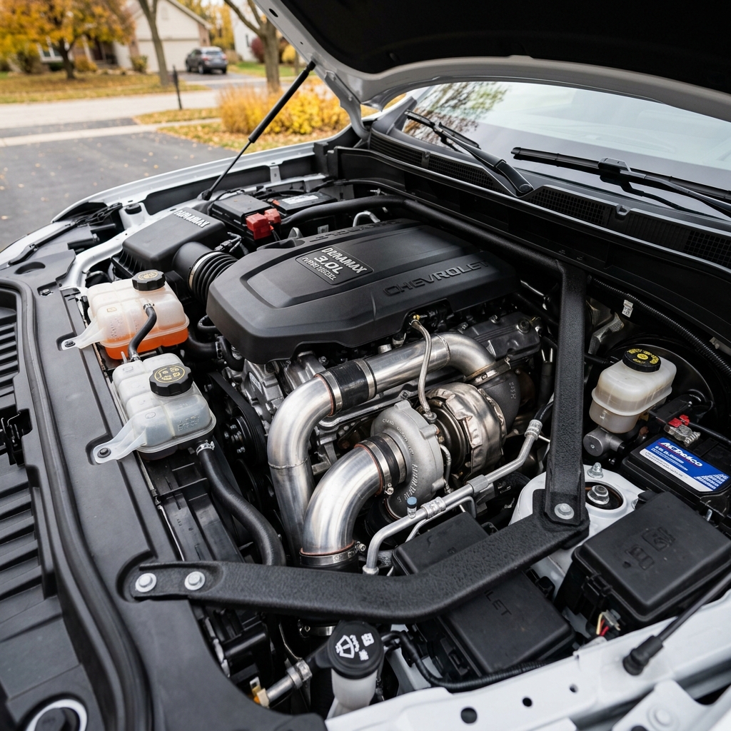 Clean engine bay of a Chevy truck featuring a 3.0L Duramax turbo diesel engine with polished custom piping. (Representative image for illustration purposes only. Actual vehicle may vary based on trim and configuration.)