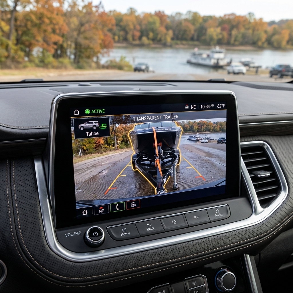 Car infotainment screen displaying a boat on a trailer using the transparent trailer camera feature near a river. (Representative image for illustration purposes only. Actual vehicle may vary based on trim and configuration.)