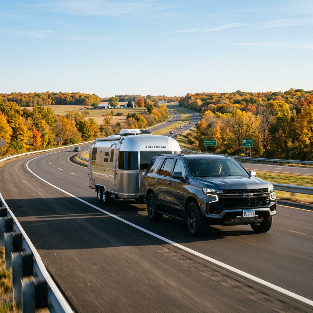 Dark grey Chevy SUV towing a silver Airstream trailer along a highway surrounded by colorful autumn foliage. (Representative image for illustration purposes only. Actual vehicle may vary based on trim and configuration.)