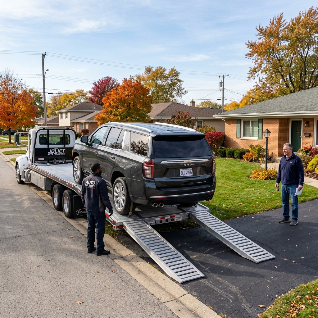 A grey SUV being unloaded from a flatbed transport truck onto a driveway in a suburban neighborhood in autumn. (Representative image for illustration purposes only. Actual vehicle may vary based on trim and configuration.)