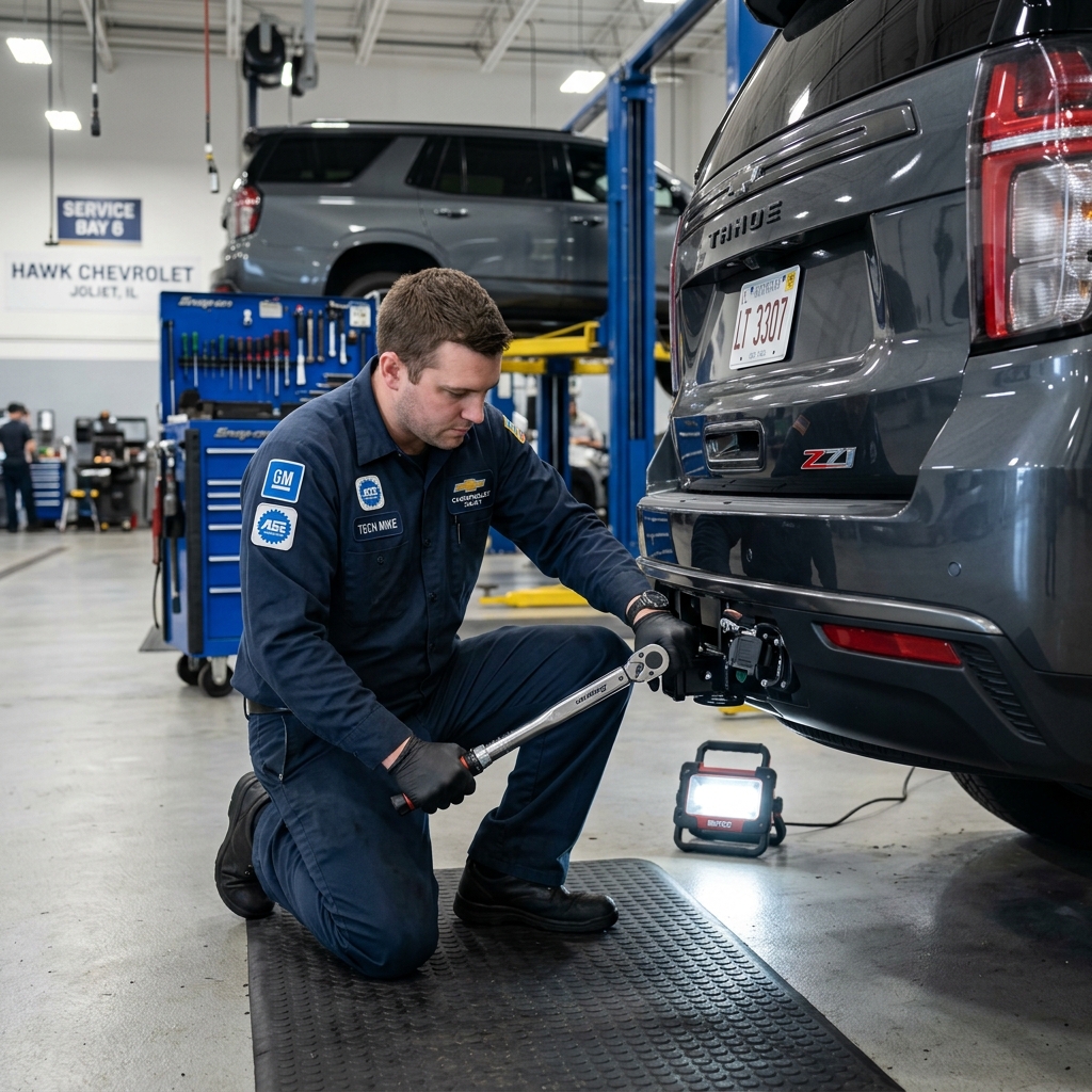 A technician in a blue uniform uses a torque wrench on a Chevrolet Tahoe trailer hitch in a service shop. (Representative image for illustration purposes only. Actual vehicle may vary based on trim and configuration.)