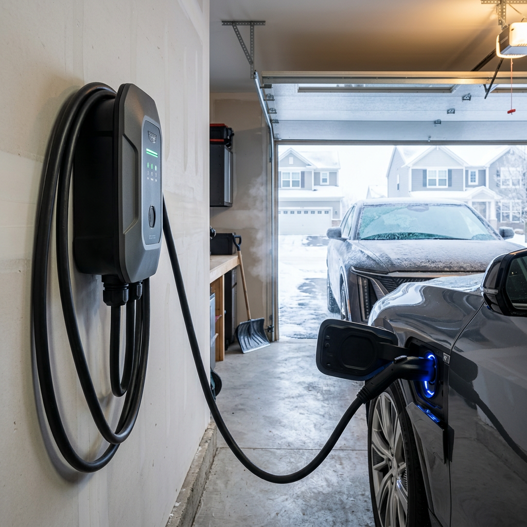 Wall-mounted EV charger plugged into a grey electric vehicle inside a garage on a snowy day. (Representative image for illustration purposes only. Actual vehicle may vary based on trim and configuration.)
