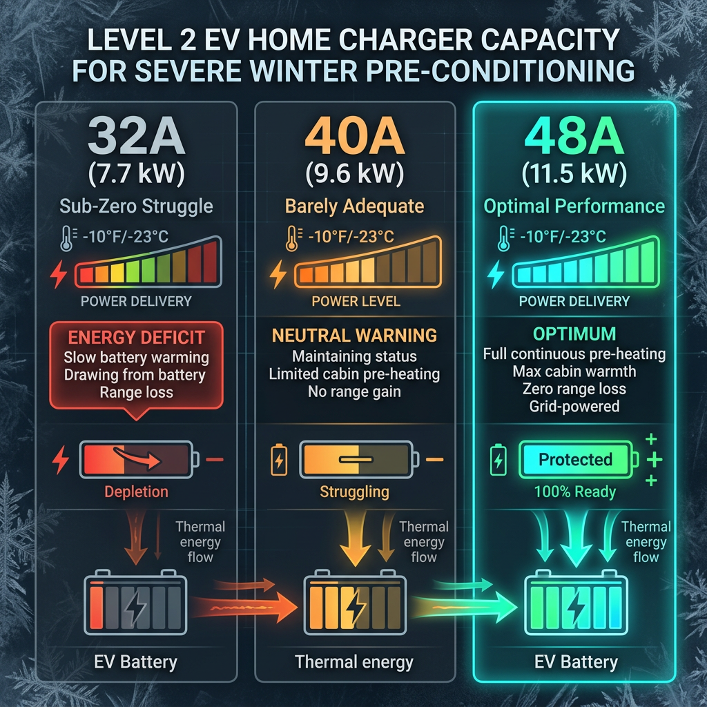 Infographic comparing 32A, 40A, and 48A EV charger performance in sub-zero winter pre-conditioning conditions. (Representative image for illustration purposes only. Actual vehicle may vary based on trim and configuration.)