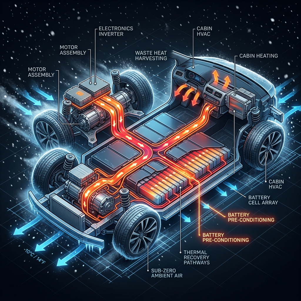 3D technical illustration showing thermal management and waste heat harvesting pathways in an electric vehicle chassis. (Representative image for illustration purposes only. Actual vehicle may vary based on trim and configuration.)