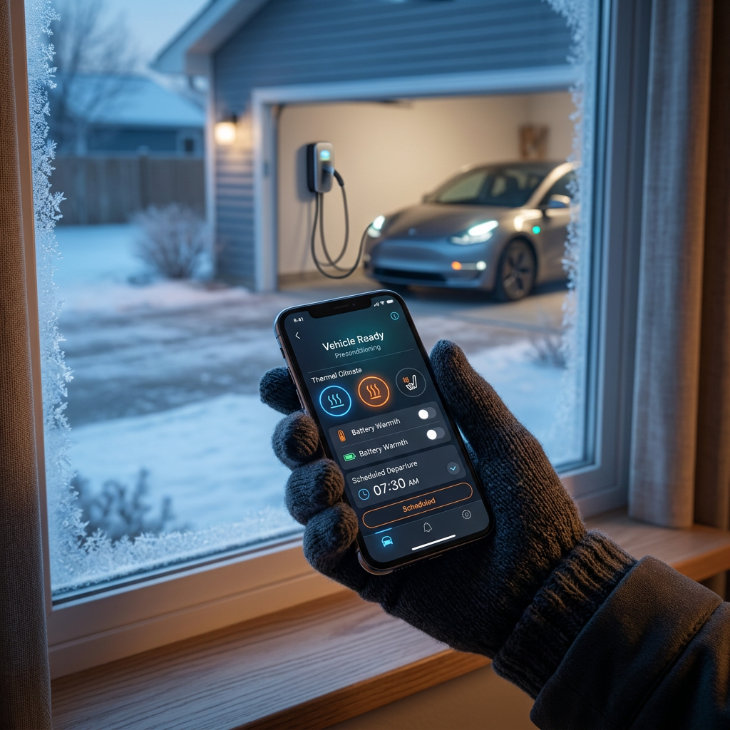 Gloved hand holding a smartphone with an EV climate control app, looking out a frosty window at a charging car. (Representative image for illustration purposes only. Actual vehicle may vary based on trim and configuration.)