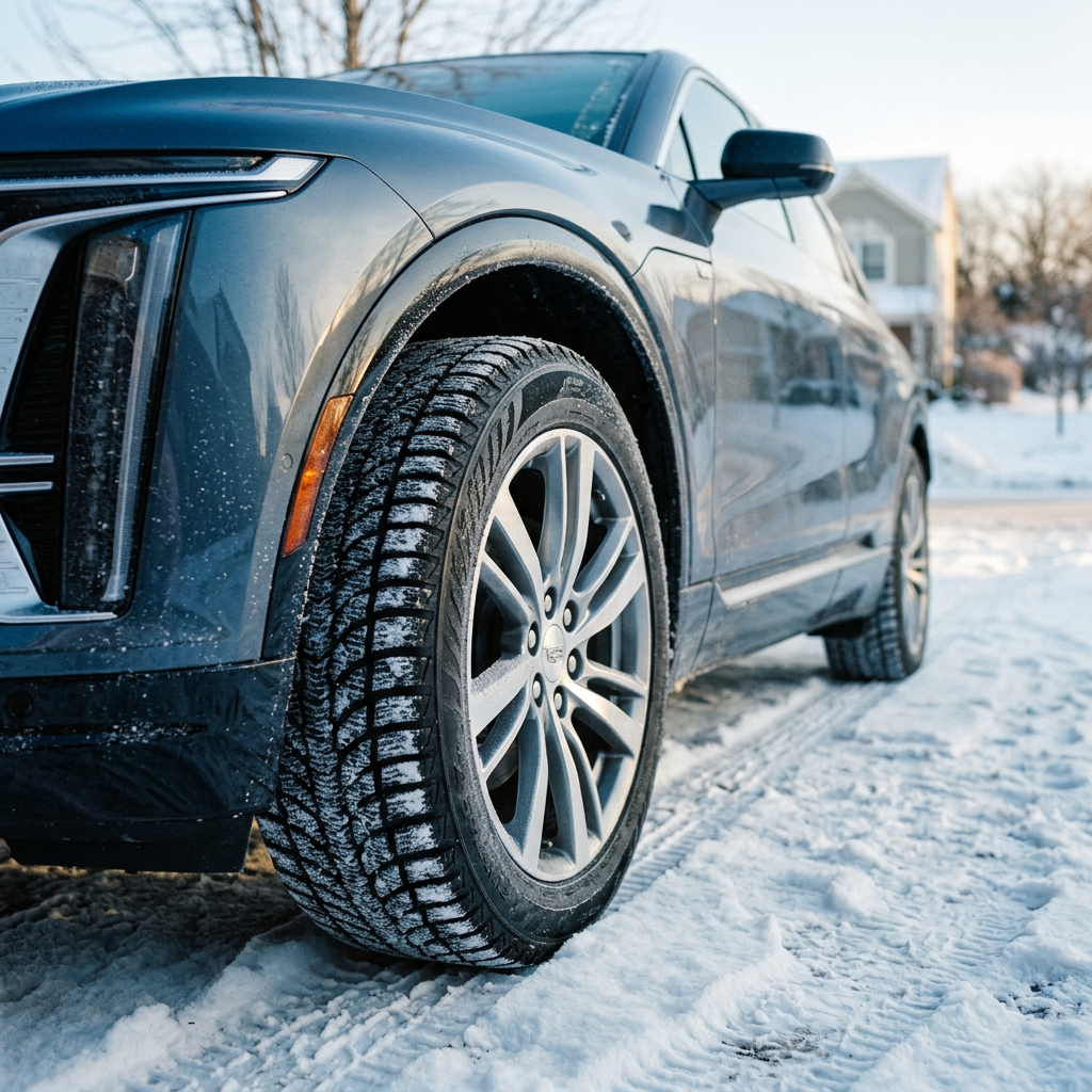 Close-up of a grey Cadillac SUV front wheel with winter tread parked on a snowy road. (Representative image for illustration purposes only. Actual vehicle may vary based on trim and configuration.)