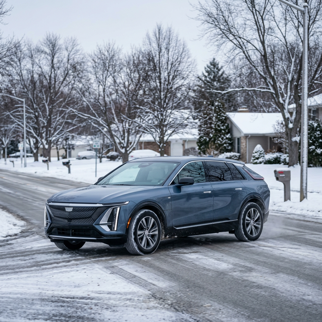 Blue Cadillac Lyriq electric SUV navigating an icy residential street surrounded by snow-covered trees and homes. (Representative image for illustration purposes only. Actual vehicle may vary based on trim and configuration.)
