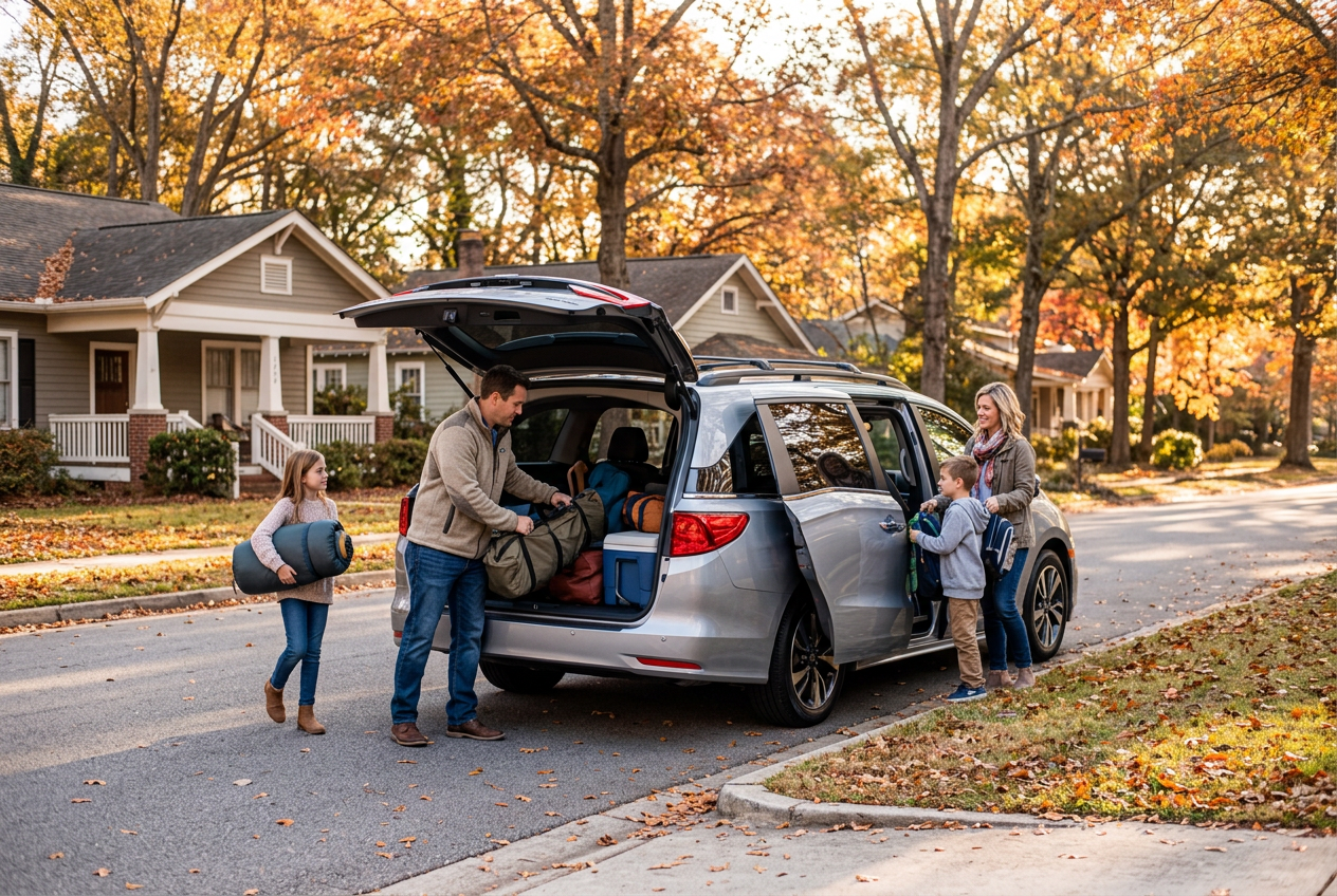 A family loads camping gear and bags into a silver minivan on a suburban street surrounded by fall foliage. (Representative image for illustration purposes only. Actual vehicle may vary based on trim and configuration.)