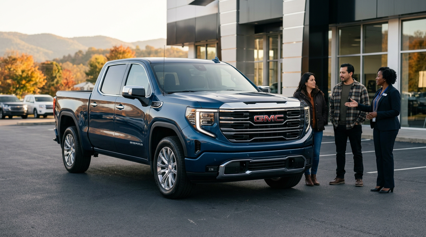 A blue GMC Sierra truck parked at a dealership with a salesperson talking to a couple. (Representative image for illustration purposes only. Actual vehicle may vary based on trim and configuration.)