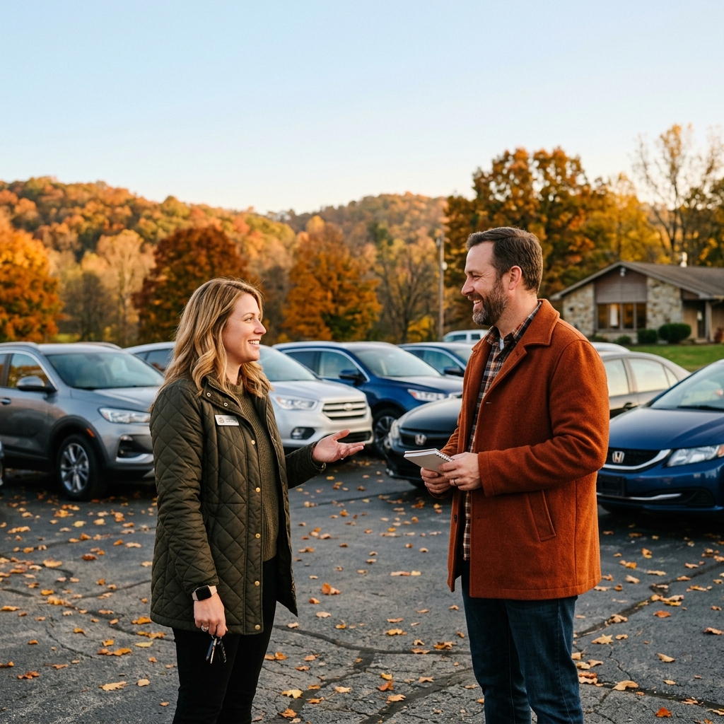 A female car salesperson holding keys talks with a male customer in an outdoor dealership lot during autumn. (Representative image for illustration purposes only. Actual vehicle may vary based on trim and configuration.)