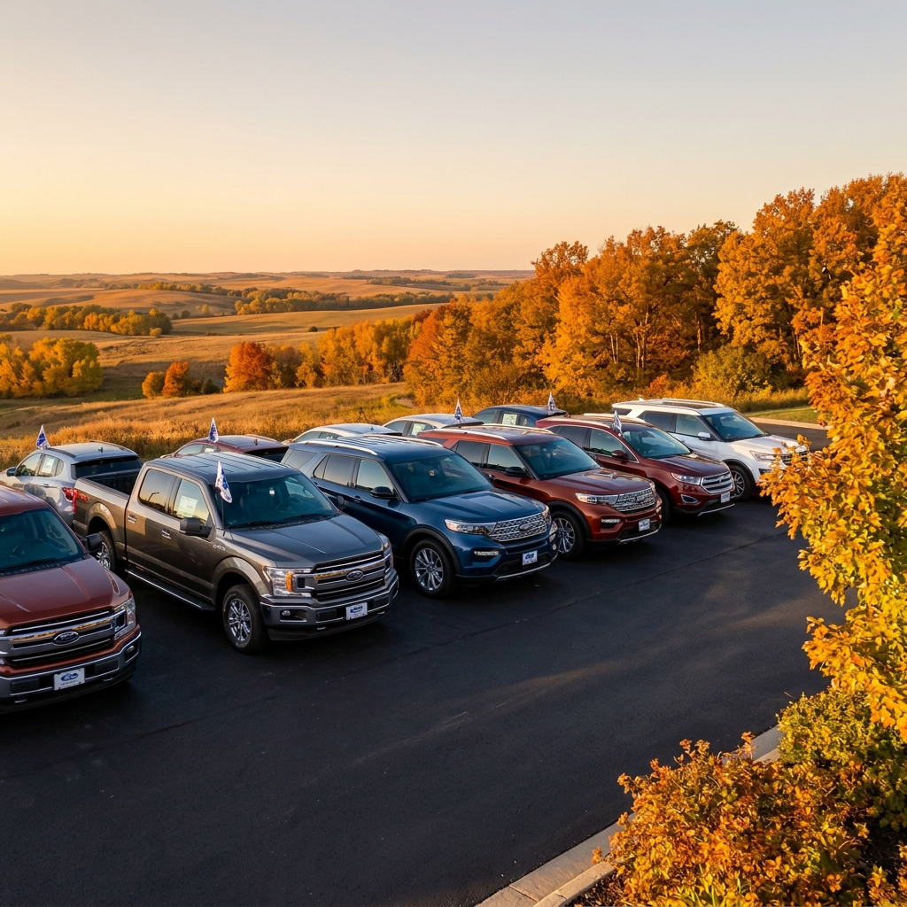 A fleet of Ford trucks and SUVs parked on a lot with autumn trees and rolling hills in the background. (Representative image for illustration purposes only. Actual vehicle may vary based on trim and configuration.)