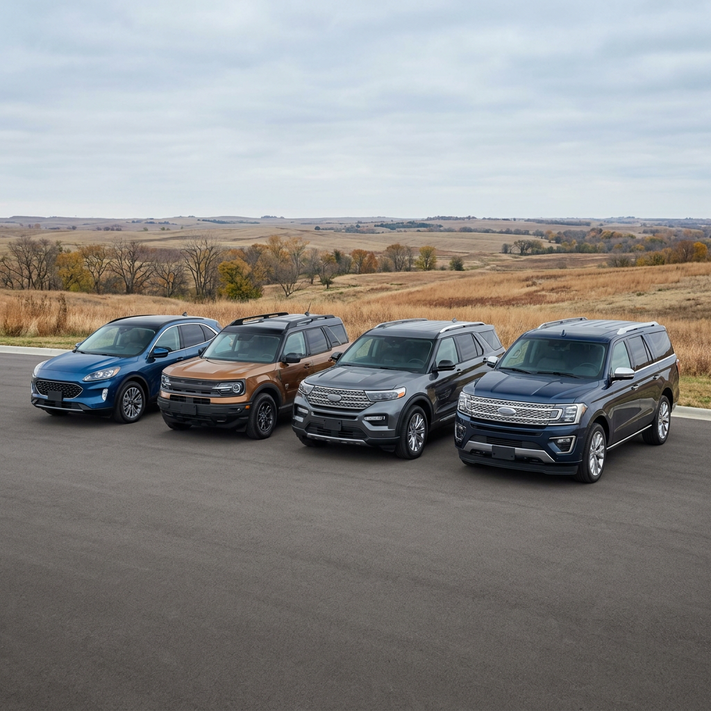 Four Ford SUVs parked side by side on a paved road in a rural landscape under an overcast sky. (Representative image for illustration purposes only. Actual vehicle may vary based on trim and configuration.)