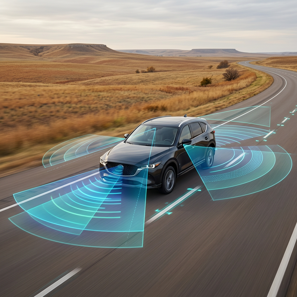 Dark blue SUV driving on a highway with graphic overlays illustrating driver-assist safety sensors. (Representative image for illustration purposes only. Actual vehicle may vary based on trim and configuration.)