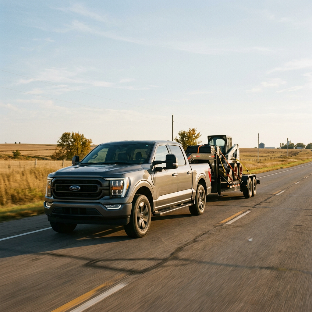 Grey Ford F-150 truck driving down a rural highway towing a flatbed trailer loaded with a skid steer. (Representative image for illustration purposes only. Actual vehicle may vary based on trim and configuration.)