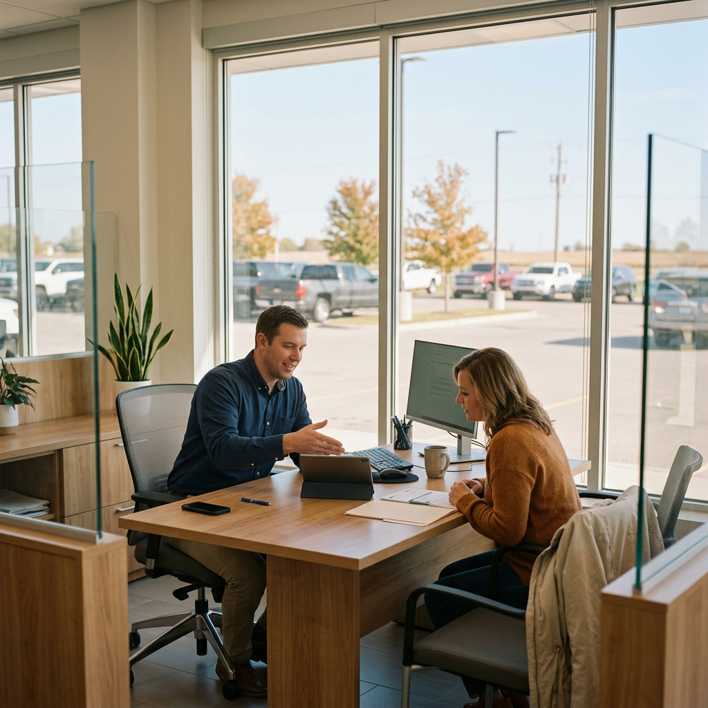 A male advisor talking to a female client at a desk in a light-filled office with large windows. (Representative image for illustration purposes only. Actual vehicle may vary based on trim and configuration.)