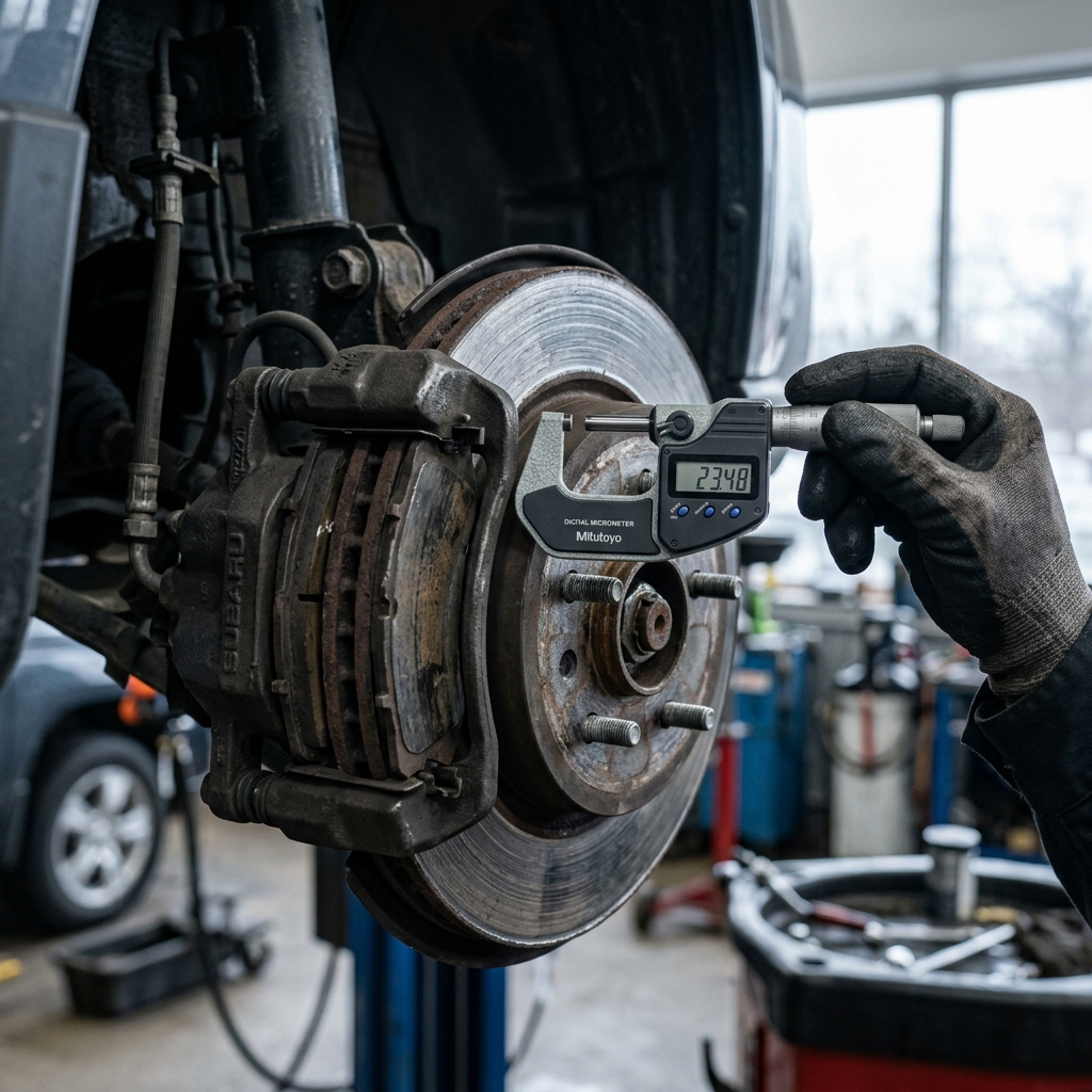 Mechanic measuring a Subaru car brake rotor thickness using a digital micrometer in an auto repair shop. (Representative image for illustration purposes only. Actual vehicle may vary based on trim and configuration.)