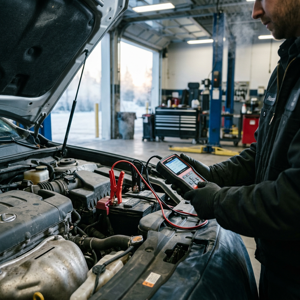 Mechanic wearing black gloves testing a car battery with a digital diagnostic tool in a repair shop. (Representative image for illustration purposes only. Actual vehicle may vary based on trim and configuration.)