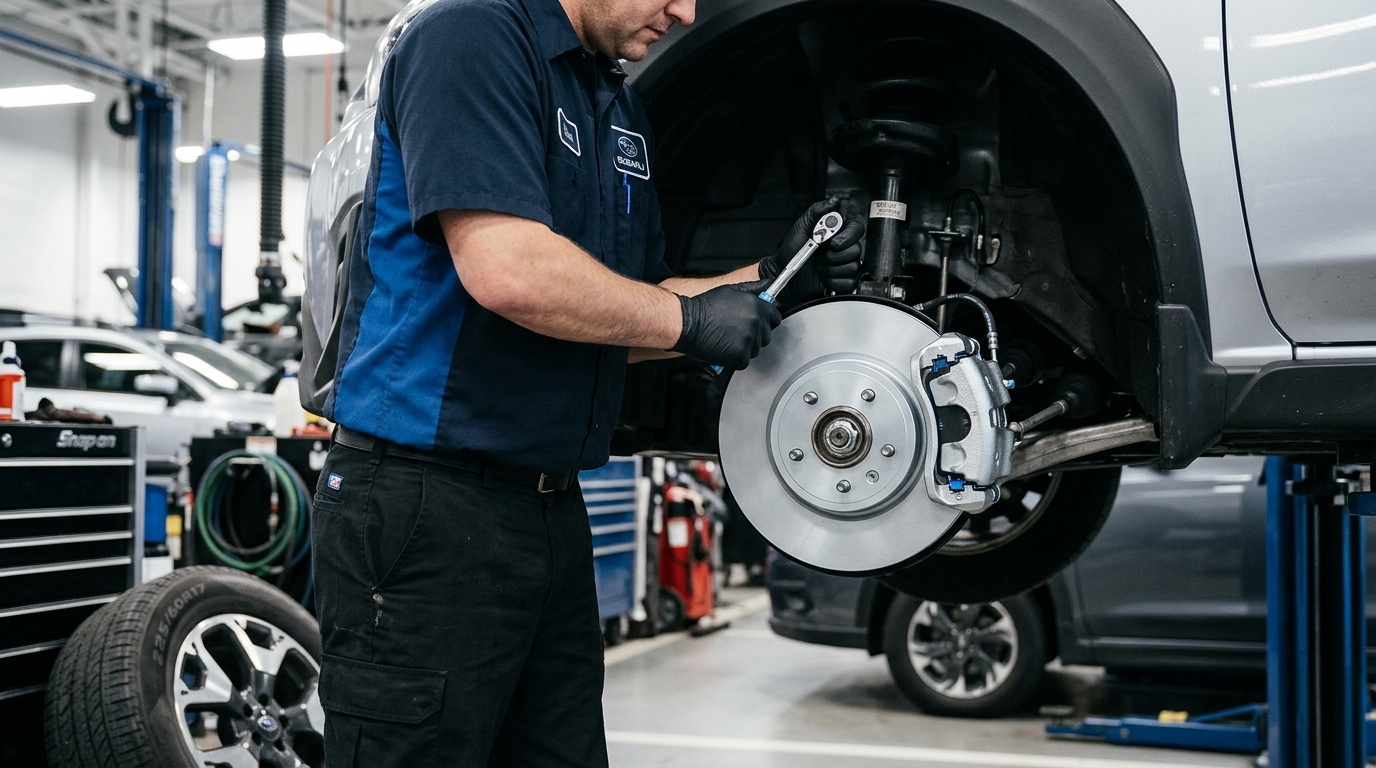 Mechanic in black gloves using a wrench to service a car's brake rotor and caliper on a lift. (Representative image for illustration purposes only. Actual vehicle may vary based on trim and configuration.)