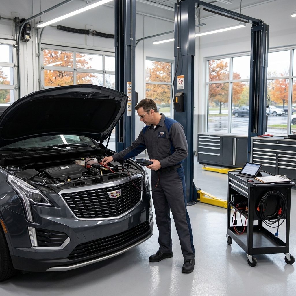 Male auto technician testing the battery under the hood of a gray Cadillac SUV in a service center bay. (Representative image for illustration purposes only. Actual vehicle may vary based on trim and configuration.)
