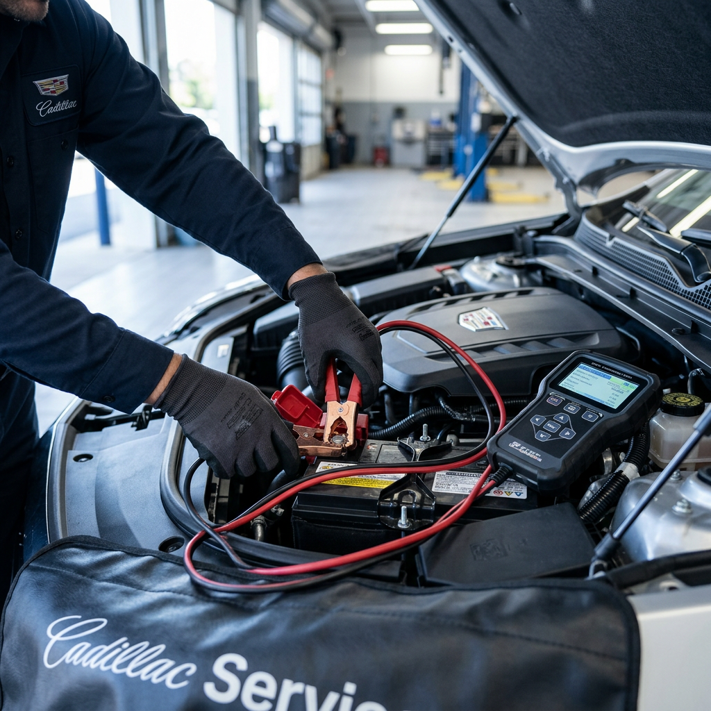A technician connecting a battery tester clamp to a Cadillac car battery during a service check. (Representative image for illustration purposes only. Actual vehicle may vary based on trim and configuration.)