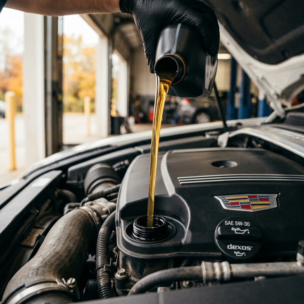 Mechanic pouring motor oil from a black bottle directly into a Cadillac engine in a car repair shop. (Representative image for illustration purposes only. Actual vehicle may vary based on trim and configuration.)