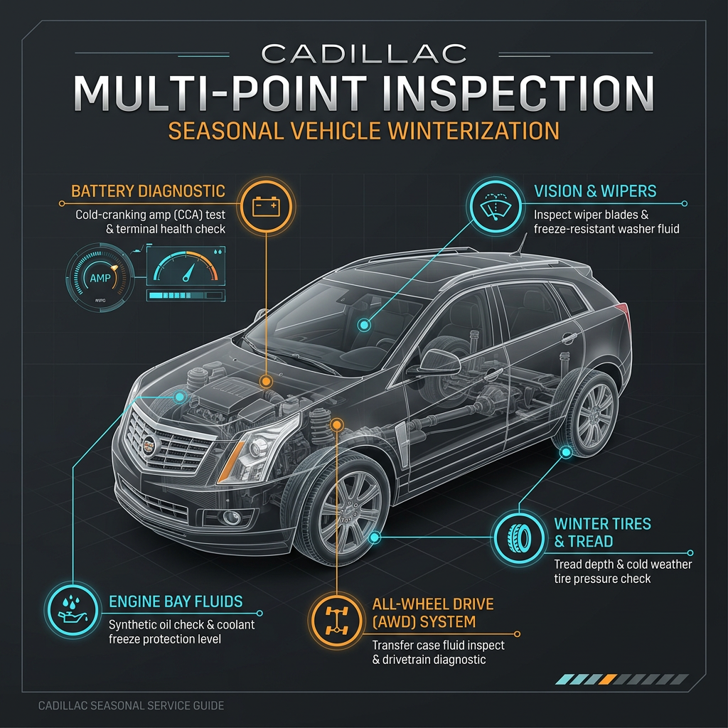 Infographic detailing Cadillac's seasonal vehicle winterization multi-point inspection steps on a wireframe SUV. (Representative image for illustration purposes only. Actual vehicle may vary based on trim and configuration.)