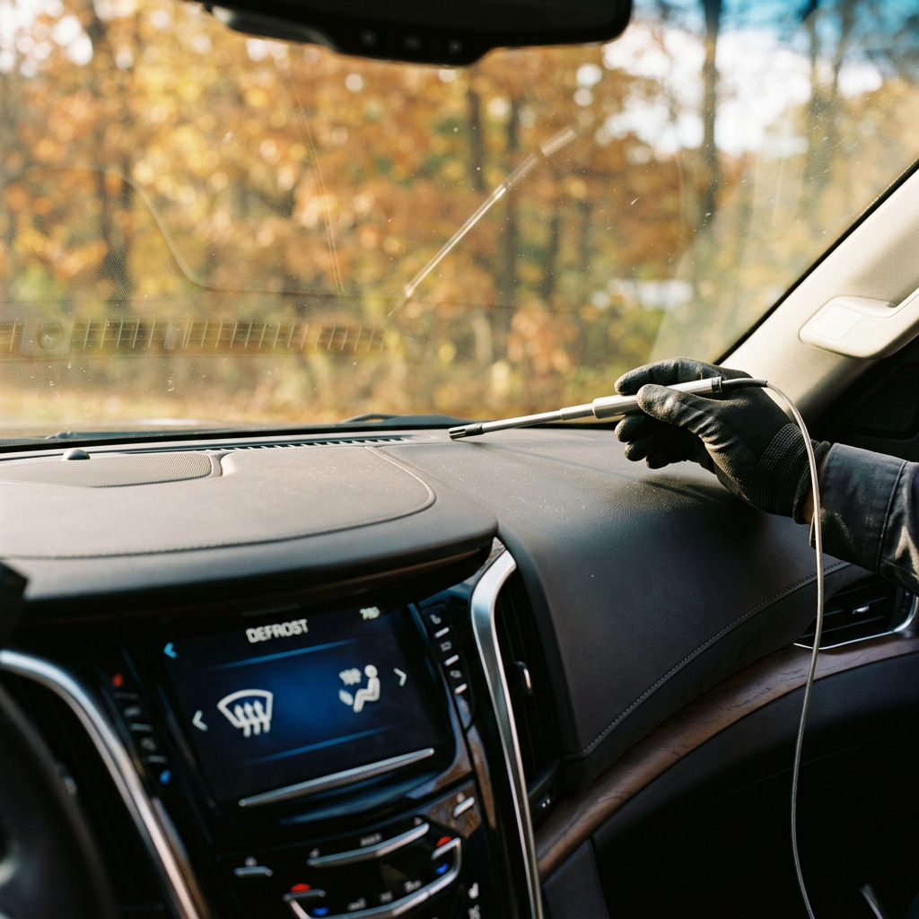Gloved hand holding a diagnostic probe near the defroster vents on a car dashboard. (Representative image for illustration purposes only. Actual vehicle may vary based on trim and configuration.)