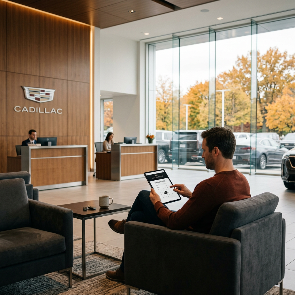 Man sitting in a grey armchair at a Cadillac dealership lounge using a tablet computer. (Representative image for illustration purposes only. Actual vehicle may vary based on trim and configuration.)