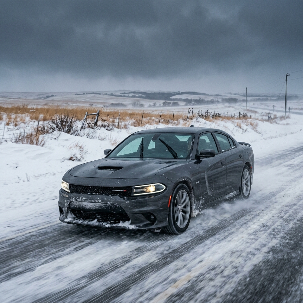 A dark grey Dodge Charger driving along a snowy rural road under a stormy sky. (Representative image for illustration purposes only. Actual vehicle may vary based on trim and configuration.)