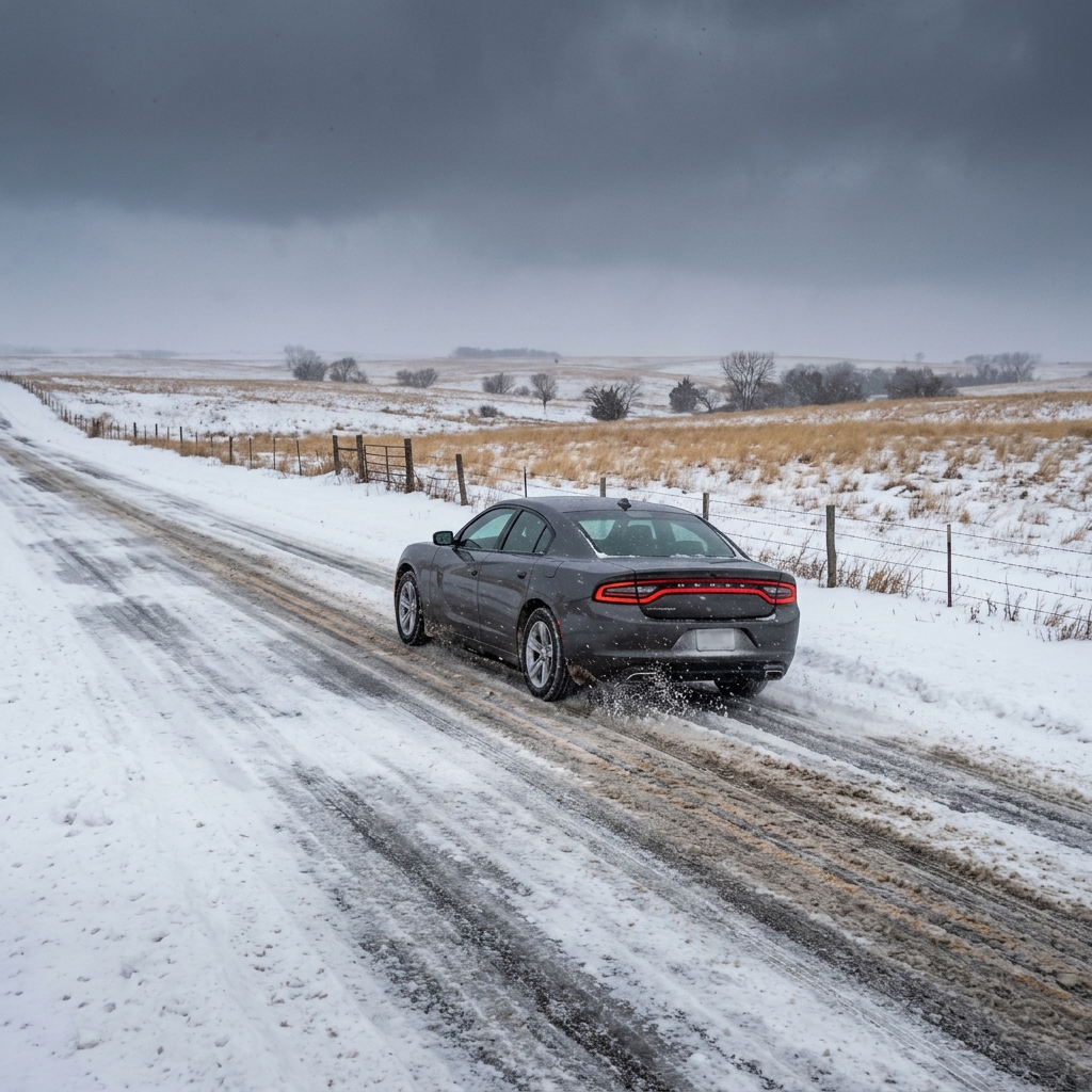 Gray sedan driving along a slushy rural road under a dark winter sky. (Representative image for illustration purposes only. Actual vehicle may vary based on trim and configuration.)