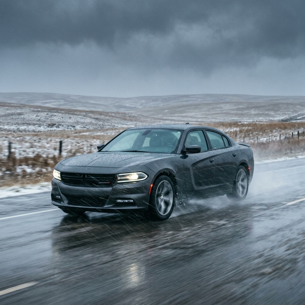 Dark gray Dodge Charger driving fast on a wet, snow-dusted road under an overcast sky. (Representative image for illustration purposes only. Actual vehicle may vary based on trim and configuration.)