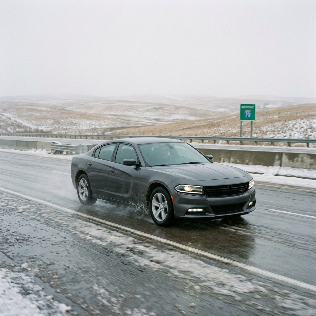 A grey Dodge Charger driving along a wet, slushy highway past an Interstate 70 sign in a winter landscape. (Representative image for illustration purposes only. Actual vehicle may vary based on trim and configuration.)