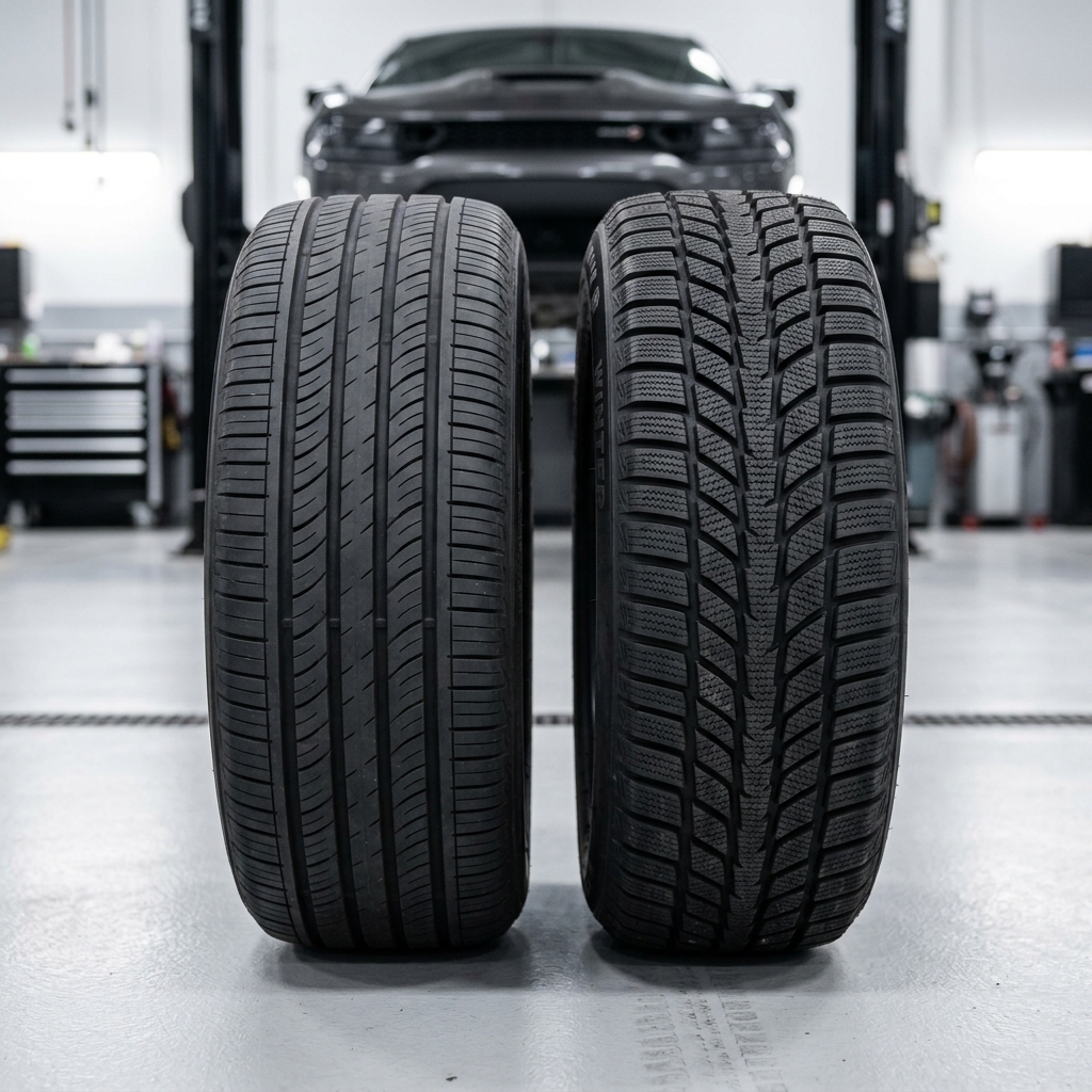 Side-by-side comparison of a smooth all-season car tire and a deep-treaded winter tire inside an auto garage. (Representative image for illustration purposes only. Actual vehicle may vary based on trim and configuration.)