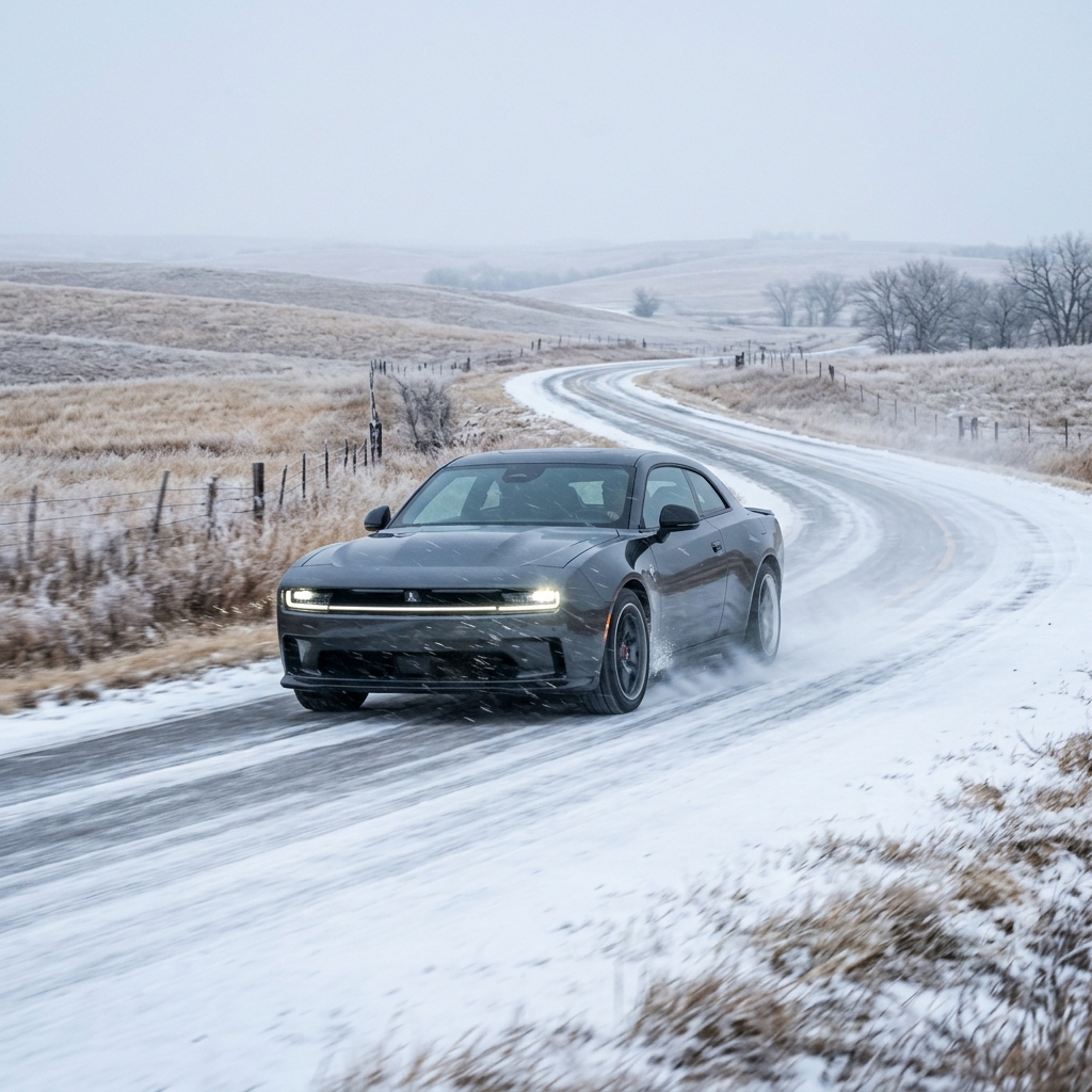 Dark grey Dodge Charger muscle car driving along a snow-covered, icy rural road. (Representative image for illustration purposes only. Actual vehicle may vary based on trim and configuration.)